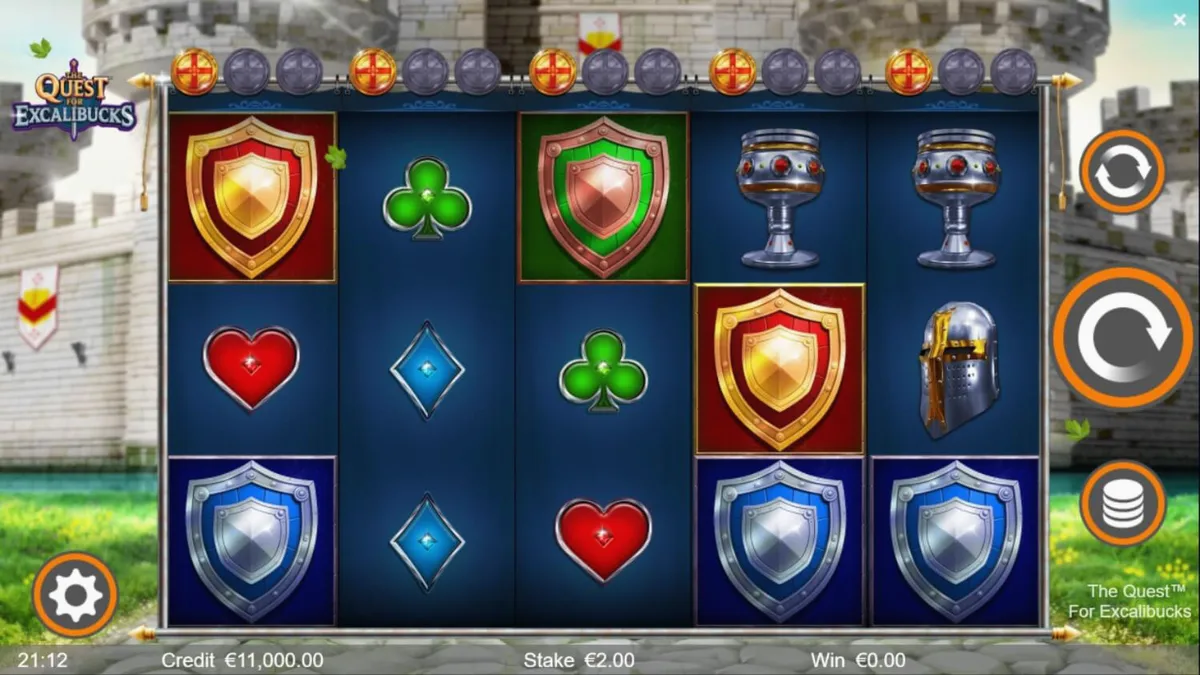 Tampilan antarmuka seluler slot The Quest™ for Excalibucks dengan tema ksatria dan pedang.