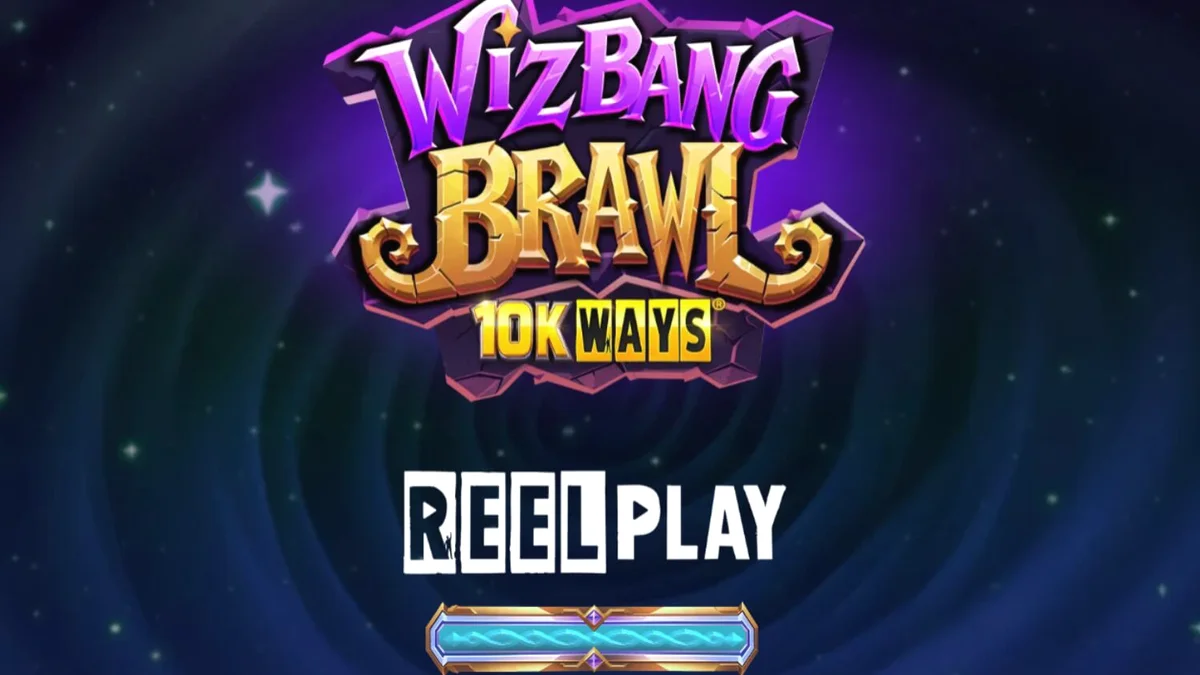 Wizbang Brawl 10K Ways slot game interface showing magical wizard characters and cosmic background